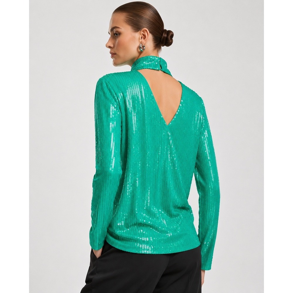 COS Womens Green Sequin Mock Neck Long Sleeve Top Emerald‎ Party Blouse L